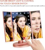 "Illuminate Your Beauty with the Flymiro Rose Gold Tri-Fold Vanity Makeup Mirror - 3X/2X Magnification, 21 LED Lights, Touch Screen, 180 Degree Rotation - Perfect for Countertop and Travel"