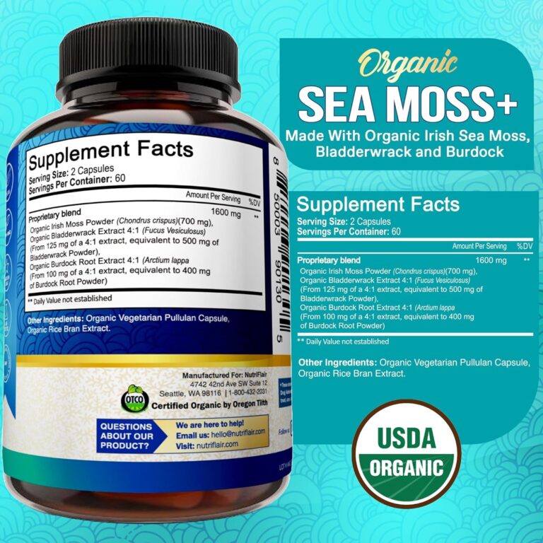 Organic Irish Sea Moss 1600Mg, 120 Capsules plus Bladderwrack & Burdock - Prebiotic Super Food - Immune System & Digestive Health - Thyroid, Healthy Skin, Keto Detox, Gut, Joint Support