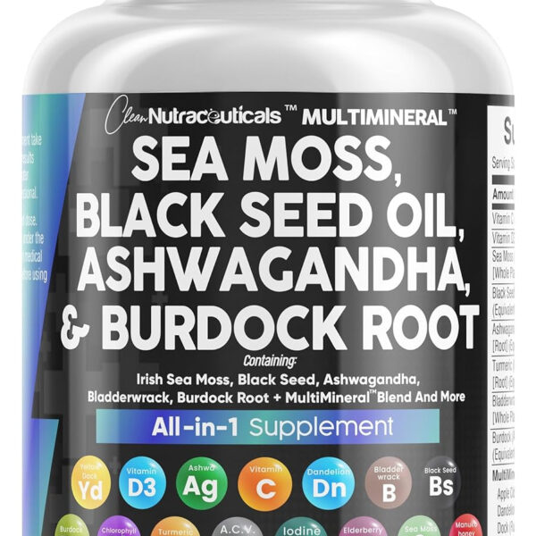 Sea Moss 3000Mg Black Seed Oil 2000Mg Ashwagandha 1000Mg Turmeric 1000Mg Bladderwrack 1000Mg Burdock 1000Mg & Vitamin C & D3 with Elderberry Manuka Dandelion Yellow Dock Iodine Chlorophyll ACV