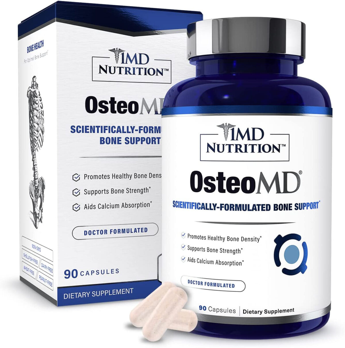 1MD Nutrition Osteomd for Comprehensive Bone Support - Calcium Supplement for Women and Men - Promote Bone Density W/Calcium with Vitamin D - Calcium Hydroxyapatite W/Vitamin D3 & K2-90 Capsules