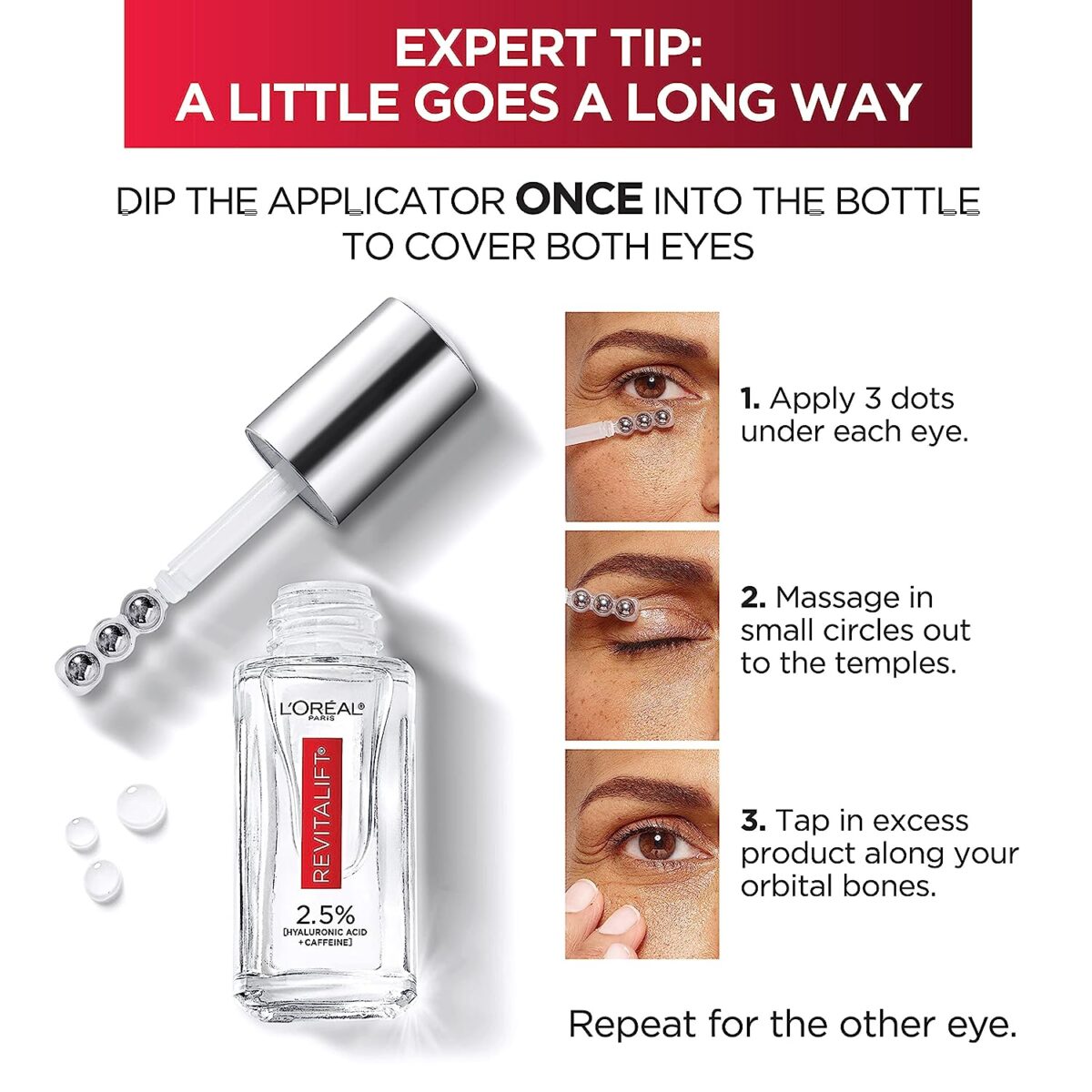 L'Oreal Paris Revitalift Hyaluronic Acid + Caffeine Hydrating Eye Serum, Fragrance Free .67 Fl. Oz + Moisturizer Sample