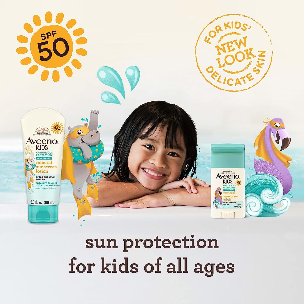 Aveeno Kids Continuous Protection Zinc Oxide Mineral Sunscreen Lotion for Children'S Sensitive Skin with Broad Spectrum SPF 50, Tear-Free, Sweat- & Water-Resistant, Non-Greasy, 3 Fl. Oz