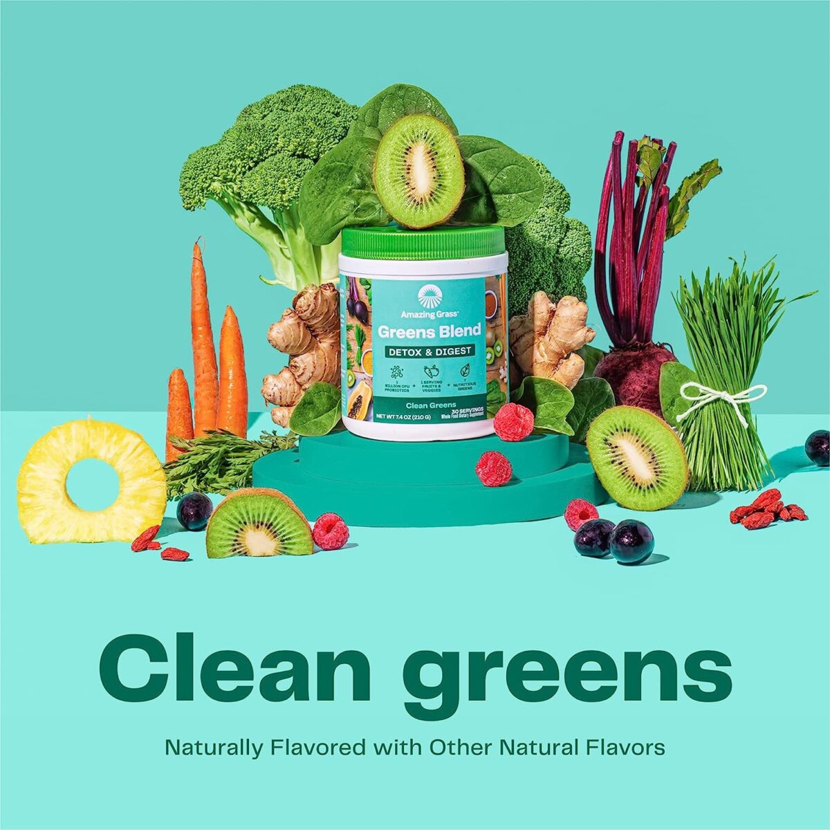 Amazing Grass Greens Blend Detox & Digest: Smoothie Mix, Cleanse with Super Greens Powder, Digestive Enzymes & Probiotics, Clean Green, 30 Servings (Packaging May Vary)