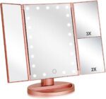 "Illuminate Your Beauty with the Flymiro Rose Gold Tri-Fold Vanity Makeup Mirror - 3X/2X Magnification, 21 LED Lights, Touch Screen, 180 Degree Rotation - Perfect for Countertop and Travel"