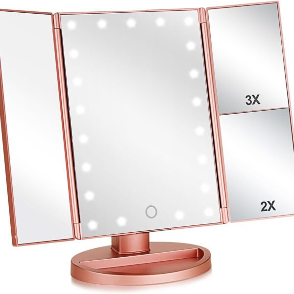 "Illuminate Your Beauty with the Flymiro Rose Gold Tri-Fold Vanity Makeup Mirror - 3X/2X Magnification, 21 LED Lights, Touch Screen, 180 Degree Rotation - Perfect for Countertop and Travel"