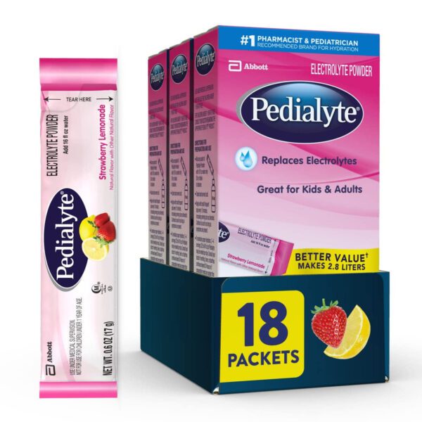 "Revitalize and Rehydrate with Pedialyte Electrolyte Powder Packets - Strawberry Lemonade Flavor! Stay Refreshed with 18 Convenient Single-Serving Powder Packets for Optimal Hydration."