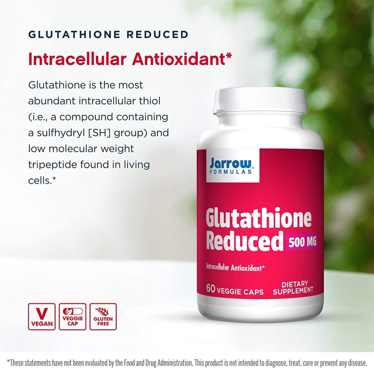 Jarrow Formulas Glutathione Reduced 500 Mg - 60 Veggie Caps - Pharmaceutical Grade Glutathione - Intracellular Antioxidant - Bolsters Regeneration of Vitamin C & E Levels in Body - 60 Servings