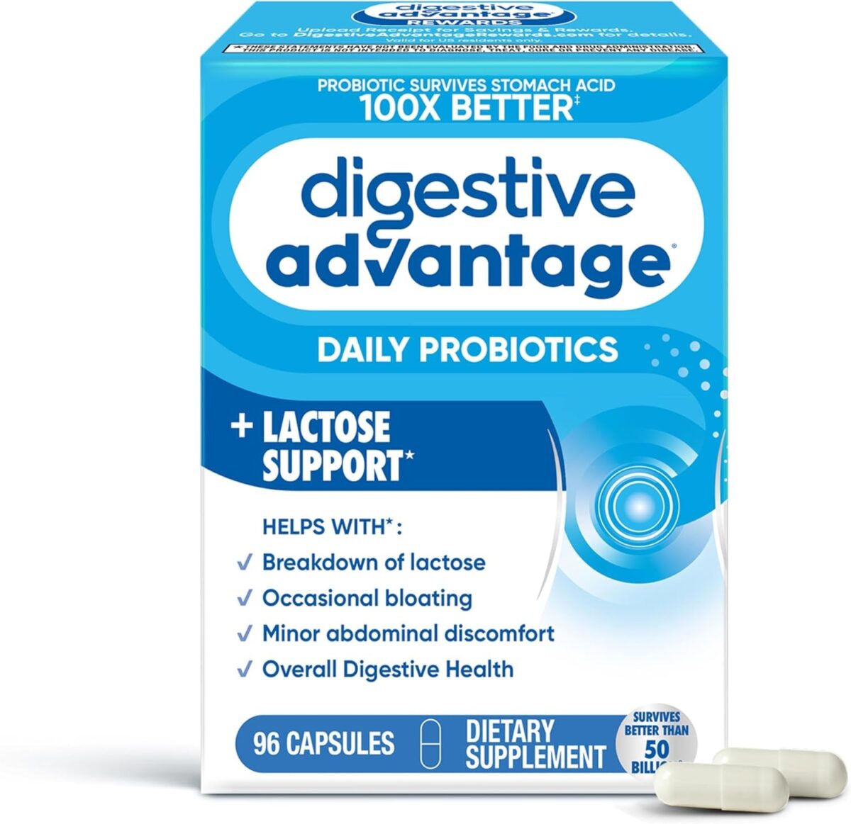 Probiotics + Lactase Digestive Enzymes for Digestive Health, Daily Probiotics for Women Men Occasional Bloating, Lactose Breakdown, Minor Abdominal Discomfort, Immune Support, 96Ct