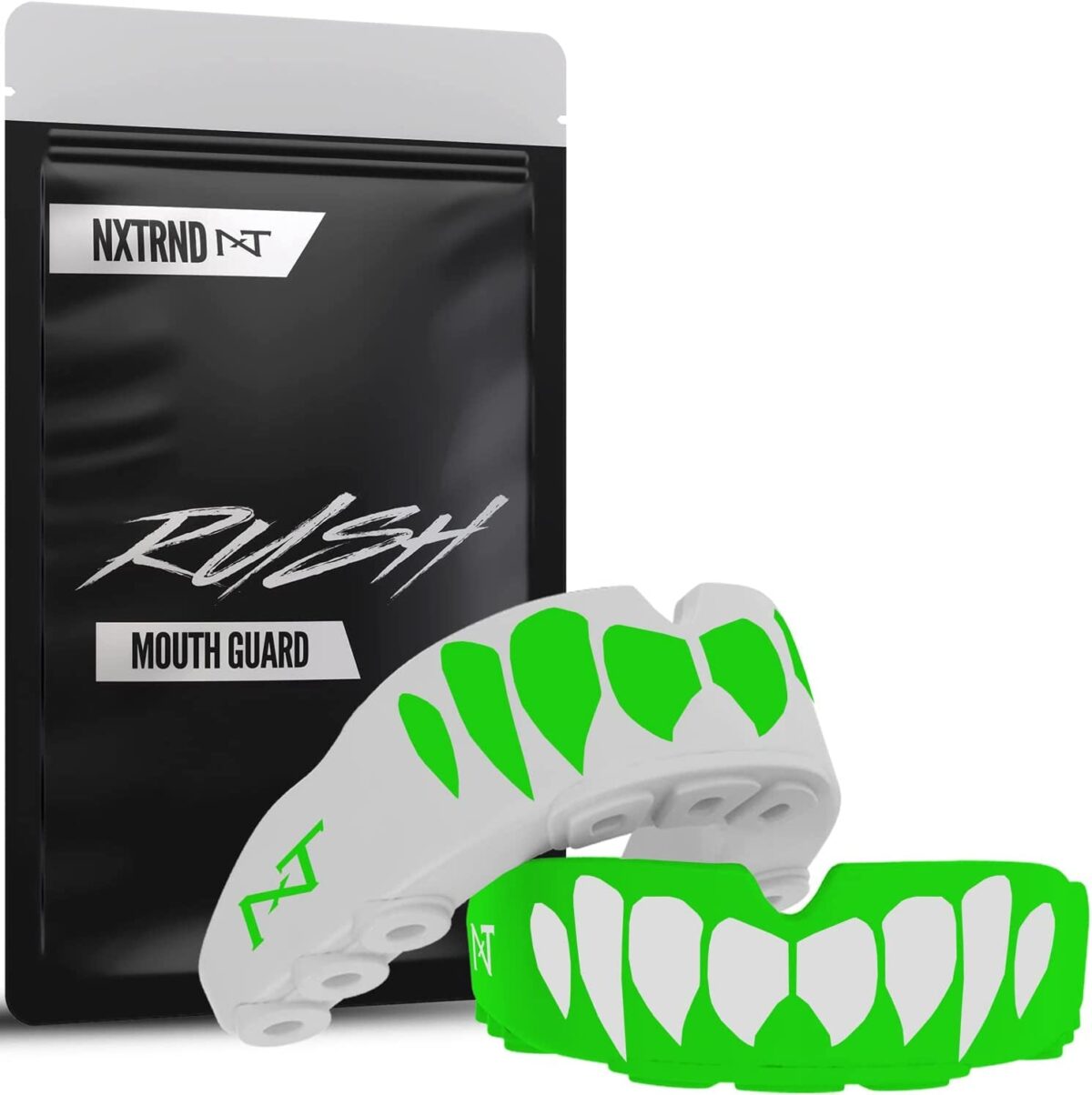 2 Pack Nxtrnd Rush Mouth Guard Sports, Professional Mouthguards for Boxing, Jiu Jitsu, MMA, Wrestling, Football, Lacrosse, and All Sports, Fits Adults, Youth, and Kids 11+ (B&W Fang)