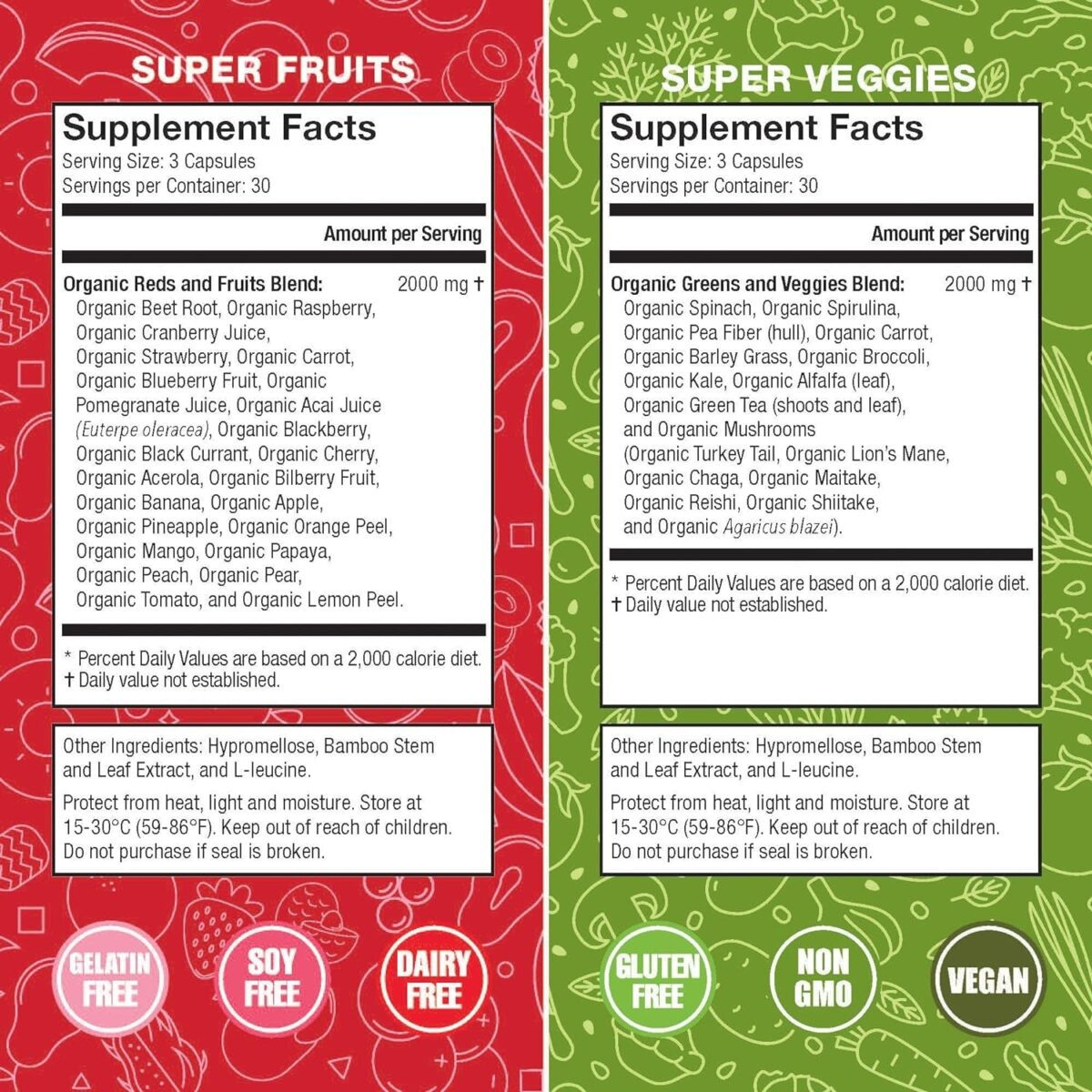 "Boost Your Health with USDA Organic Super Fruit & Veggies Supplement - All-Natural, Gluten/Gelatin Free, Non GMO, Soy Free & Vegan | Reds & Greens Superfood Capsules | Packed with 23 Fruits & 16 Vegetables (180 Count)"