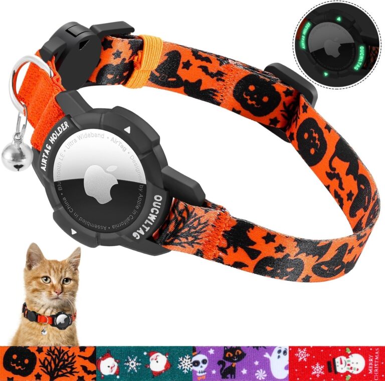 Halloween Airtag Cat Collar Breakaway, OUCWLTAG Integrated GPS Cat Collar with Luminous Apple Air Tag Holder, Cat Tracker Collars with Safety Elastic Band for Girl Boy Cats, Kittens and Puppies