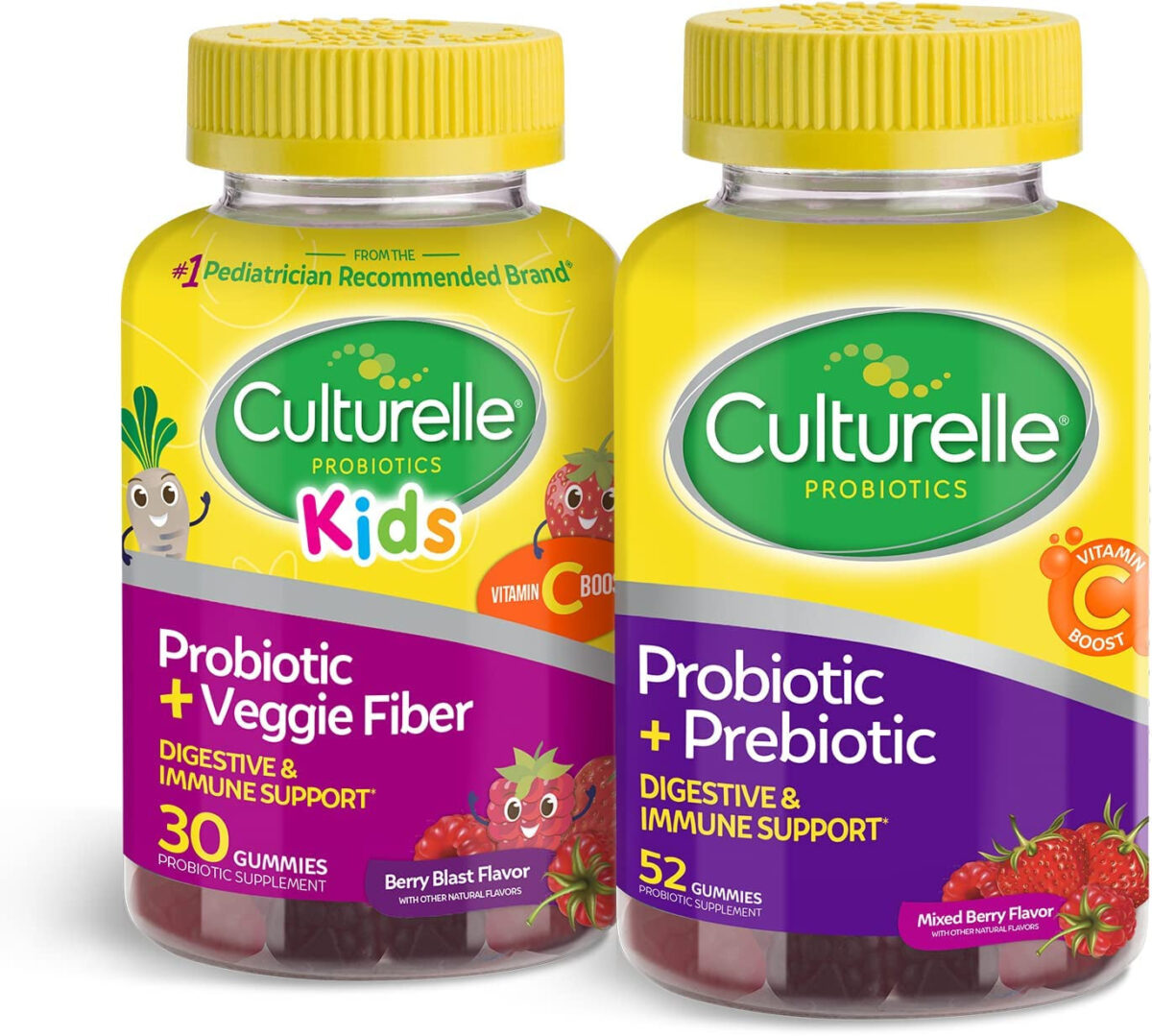 Culturelle Daily Probiotic for Kids + Veggie Fiber Gummies (Ages 3+) - 30 Count - Digestive Health & Immune Support – Berry Flavor with a Vitamin C Boost - Free & Fast Delivery