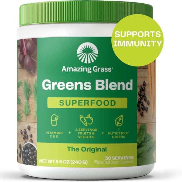 Amazing Grass Greens Blend Superfood: Super Greens Powder Smoothie Mix with Spirulina, Chlorella, Beet Root Powder, Digestive Enzymes & Probiotics, Original, 30 Servings