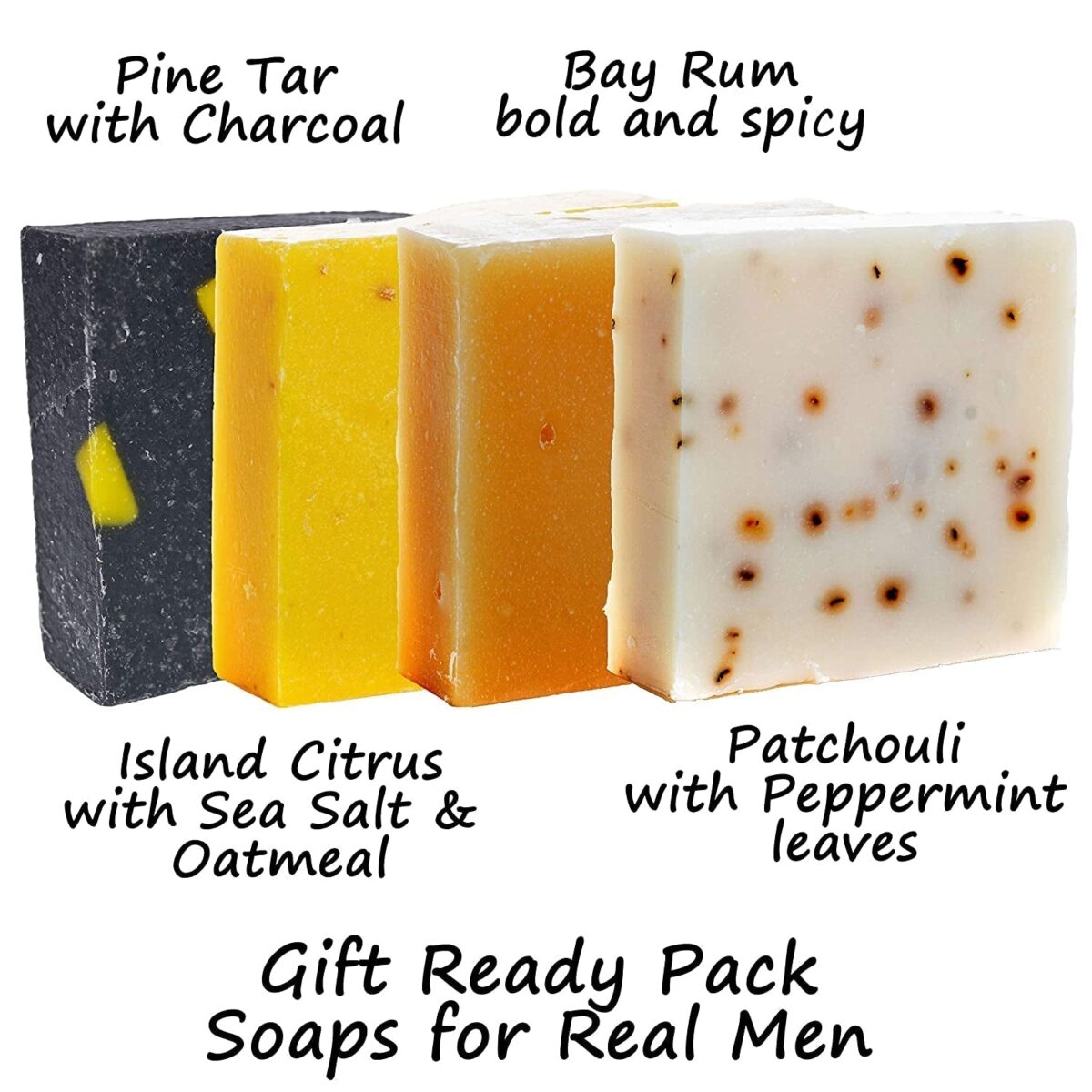 "360 Feel Men's Soap Bar Gift Pack - Handmade with Masculine Fragrance - Patchouli, Pine Tar, Charcoal Beeswax, and Citrus - Natural Men's Soap - Perfect Gift for Him - Bay Rum Scent - 4 Bars in 1 Pack"