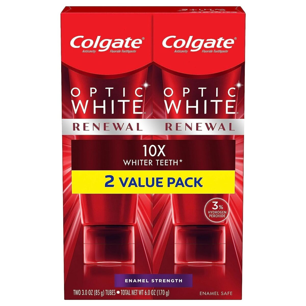 Colgate Optic White Renewal Teeth Whitening Toothpaste, Enamel Strength, 3 Oz Tube, 2 Pack