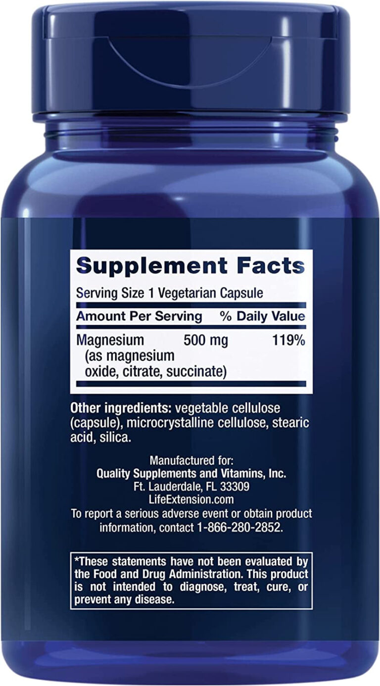 Life Extension Magnesium Caps, 500 Mg, Magnesium Oxide, Magnesium Citrate, Magnesium Succinate, Heart Health, Healthy Bones, Metabolism Support, 100 Vegetarian Capsules