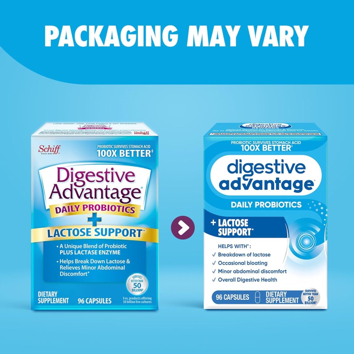 Probiotics + Lactase Digestive Enzymes for Digestive Health, Daily Probiotics for Women Men Occasional Bloating, Lactose Breakdown, Minor Abdominal Discomfort, Immune Support, 96Ct