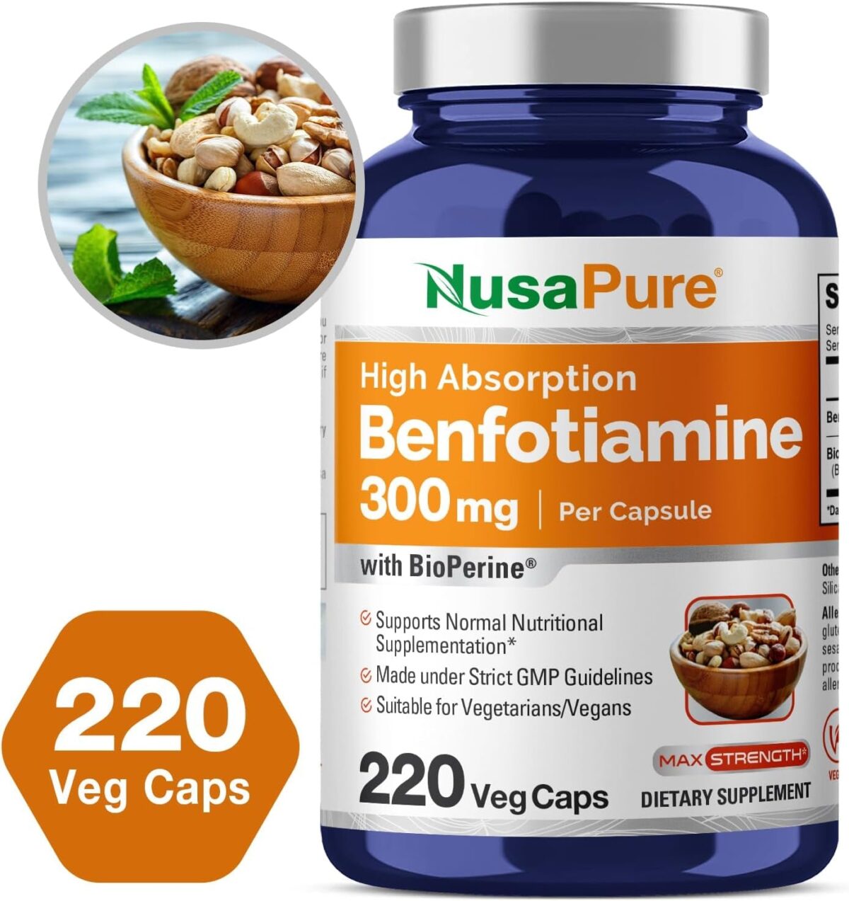 Benfotiamine 300Mg per Veggie Caps 220 Count (Non-Gmo, Vegan) Bioperine