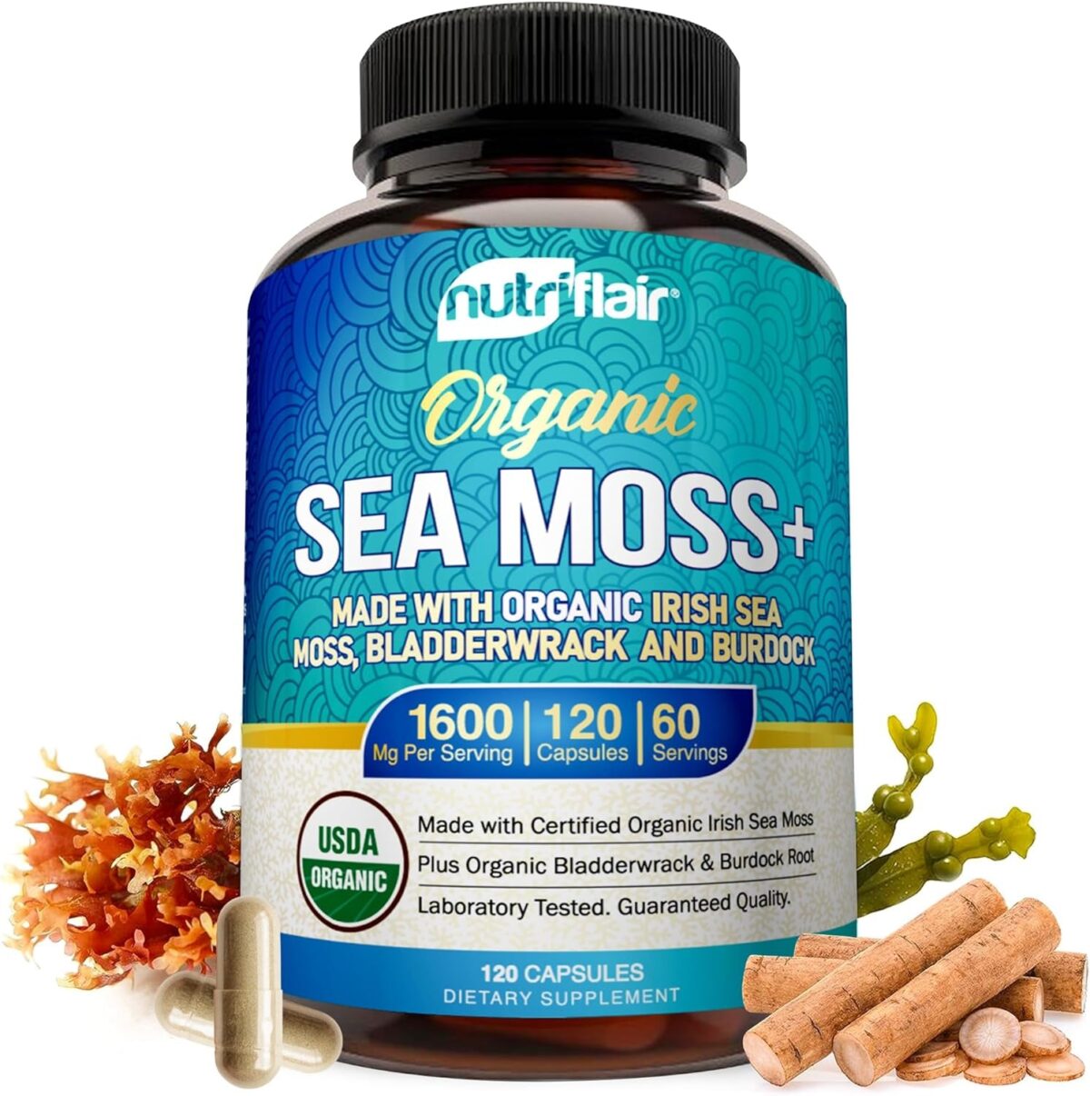 Organic Irish Sea Moss 1600Mg, 120 Capsules plus Bladderwrack & Burdock - Prebiotic Super Food - Immune System & Digestive Health - Thyroid, Healthy Skin, Keto Detox, Gut, Joint Support