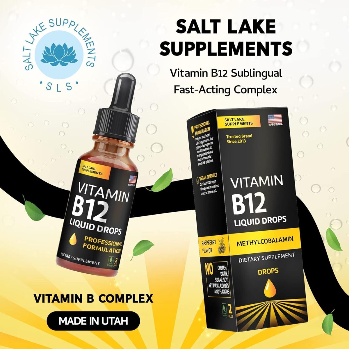 "Raspberry Flavored Vegan B12 Liquid Drops - Fast-Acting Sublingual Complex with B Vitamins - Non-GMO, Dairy-Free, Soy-Free, and Sugar-Free - 2 Fl. Oz."