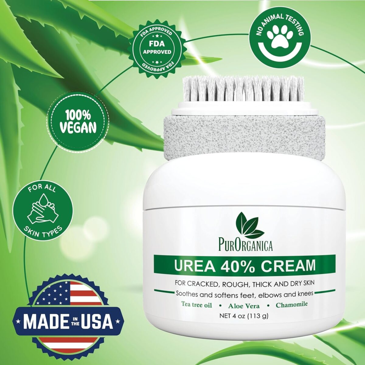 Urea 40% Foot Cream - Made in USA - Callus Remover - Moisturizes & Rehydrates Thick, Cracked, Rough, Dead & Dry Skin - for Feet, Elbows and Hands - with Pumice Stone and Brush