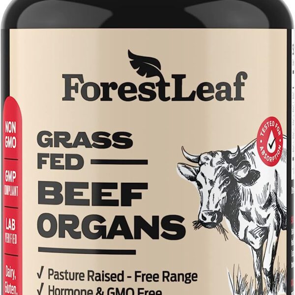 "Boost your wellness and performance with Forestleaf Grass Fed & Pasture Raised Beef Organ Supplement! This advanced organ complex contains 3000Mg of Desiccated Beef Liver, Heart, Kidney, Pancreas, and Spleen. Feel the difference with 180 capsules!"