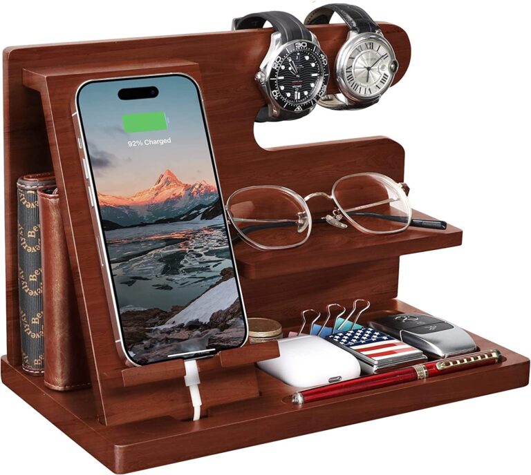 "Ultimate Wood Phone Docking Station - The Perfect Gift for Him: Husband, Dad, or any Man in Your Life! Keep His Nightstand Organized with a Stylish Cell Phone Stand, Watch Holder, and Wallet Station.