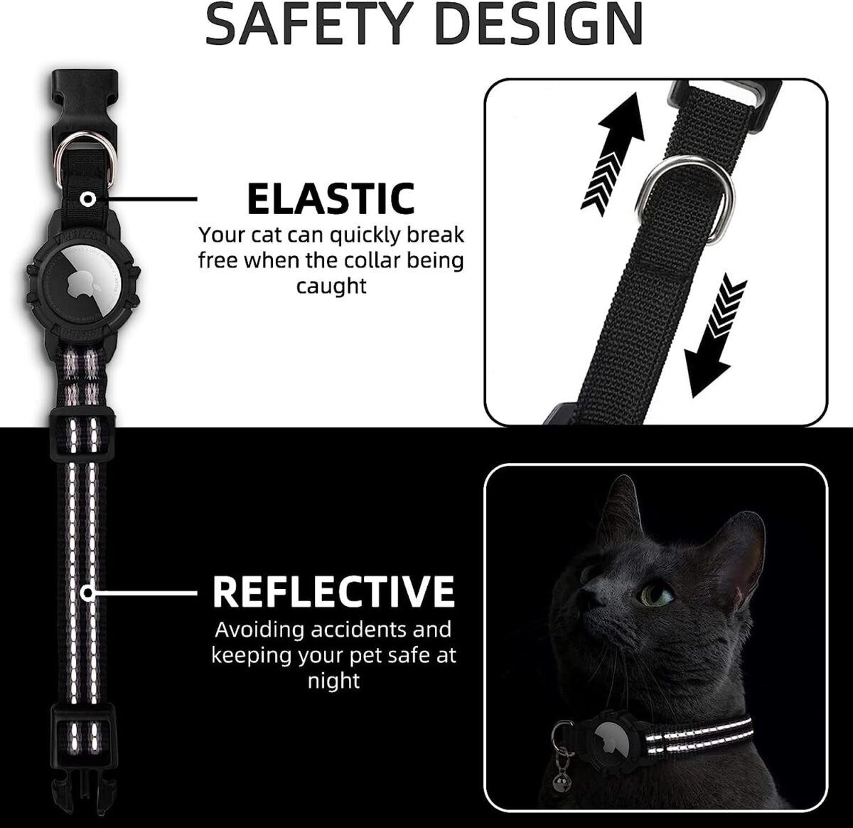 FEEYAR Airtag Cat Collar,Integrated Kitten Collar with Apple Airtag Holder, Reflective GPS Cat Collar with Bell[Black], Lightweight Tracker Cat Collars for Girl Boy Cats, Kittens and Puppies