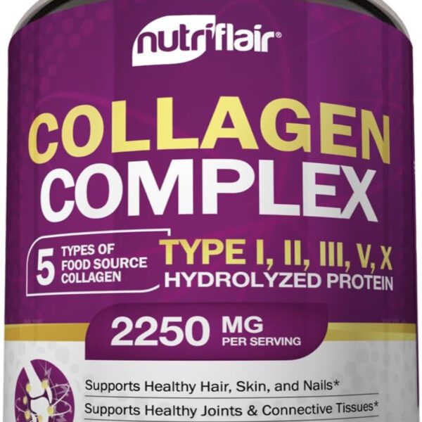 "Revitalize Your Beauty Inside Out with Nutriflair Multi Collagen Peptides - 180 Capsules for Gorgeous Hair, Radiant Skin, and Strong Nails - Enhanced with 5 Types of Collagen - Premium Hydrolyzed Protein - Unleash Your Natural Glow - Non-GMO Formula"