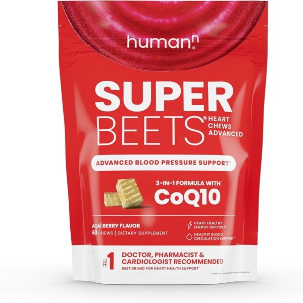 Advanced Heart Health Supplement - Superbeets Heart Chews with 100mg CoQ10, Beetroot, and Grape Seed Extract, 60 Count