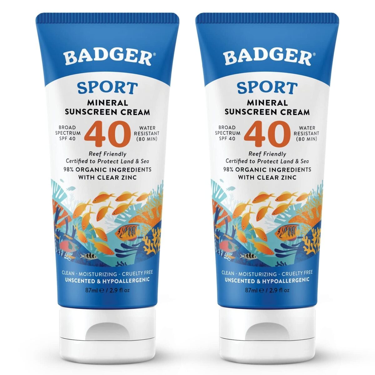 Badger Reef Safe Sunscreen, SPF 40 Sport Mineral Sunscreen, 98% Organic Sunscreen Ingredients, Broad Spectrum, Water Resistant, Zinc Oxide Sunscreen, Unscented, 2.9 Fl Oz