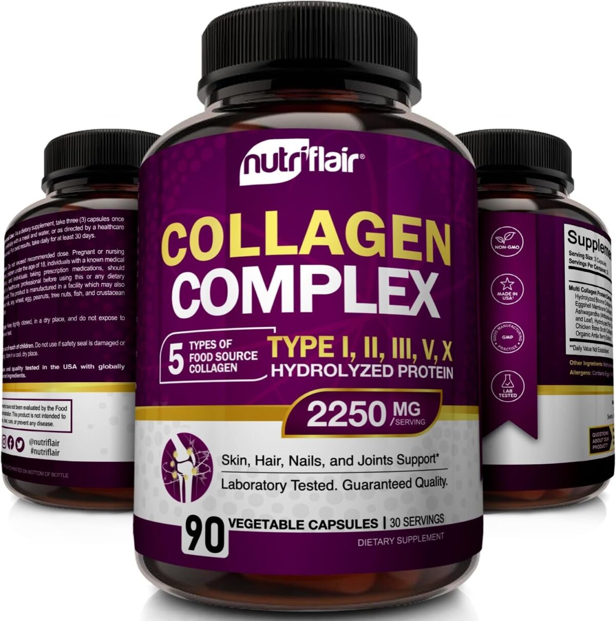 Multi Collagen Peptides Pills 2250MG, 90 Capsules - Type I, II, III, V, X - Premium Collagen Complex - Hydrolyzed Protein Supplement for Anti-Aging, Healthy Joints, Hair, Skin, and Nails