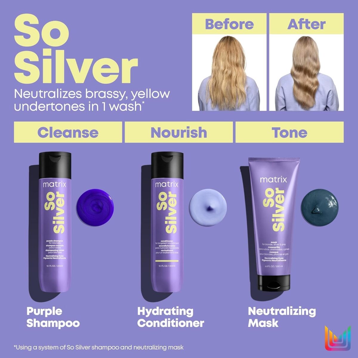 Matrix so Silver Purple Shampoo | Neutralizes Yellow Tones | Color Depositing & Toning | for Color Treated, Blonde, Grey, and Platinum Hair | Toning Shampoo | Packaging May Vary | Vegan