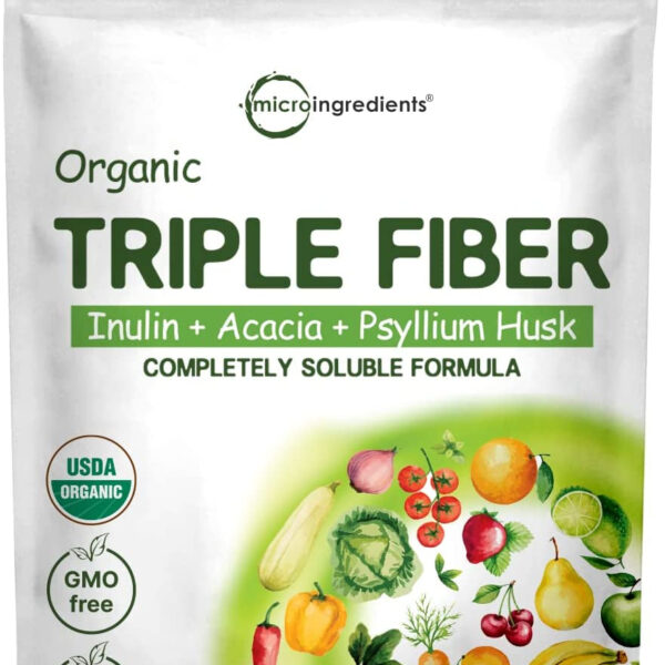 Organic Soluble Prebiotics Fiber Supplement (Inulin, Acacia, Psyllium Husk), 2 Pounds, 3 in 1 Fiber Formula, Daily Fiber, Unflavored, for Digestive Health, Hunger Control, Vegan