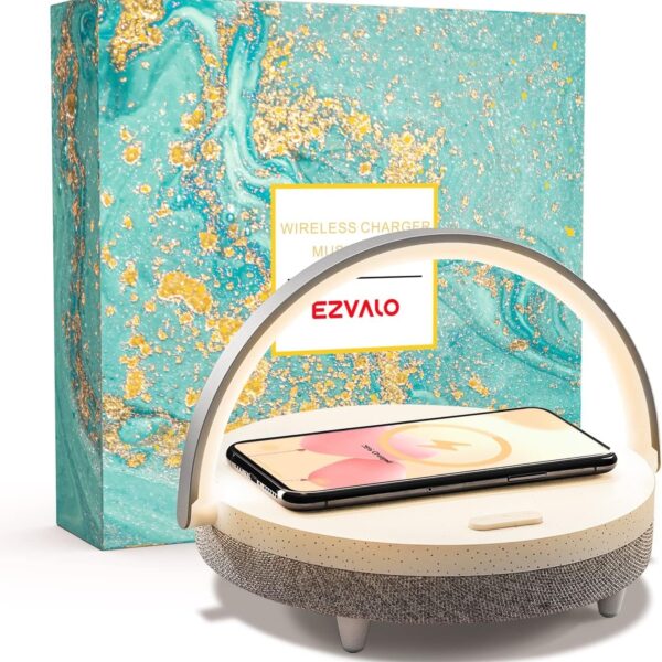 "EZVALO 4-in-1 Touch Lamp: LED Night Light, Bluetooth Speaker, Phone Holder, Wireless Charger - The Perfect Birthday Gift for Everyone!"