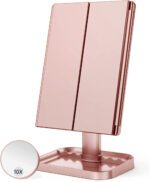 "Illuminate Your Beauty: Tri-Fold LED Makeup Mirror with Touch Control, 10X Magnification, and Dual Power Supply - Perfect Women's Gift in Elegant White"