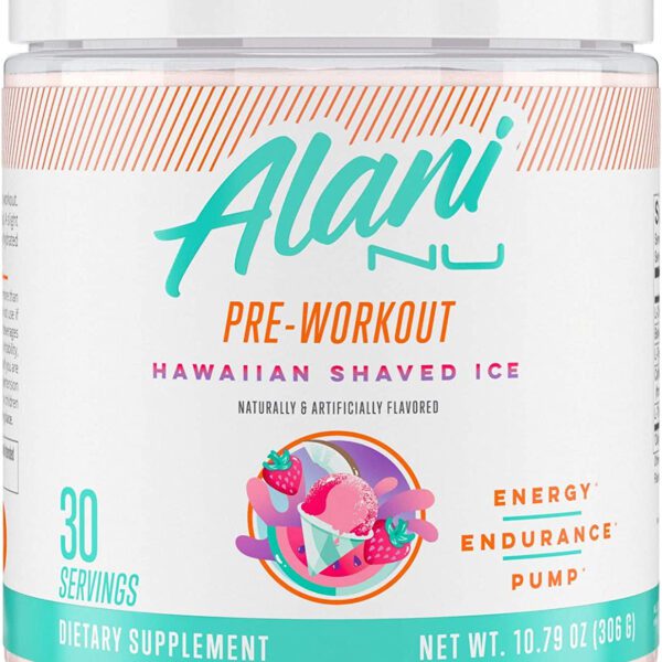 "Boost Your Workouts with Alani Nu Pre Workout Powder - Energize, Endure, and Pump Up Your Performance! Sugar Free, 200mg Caffeine, Amino Acids, and a Refreshing Hawaiian Shaved Ice Flavor - 30 Servings"