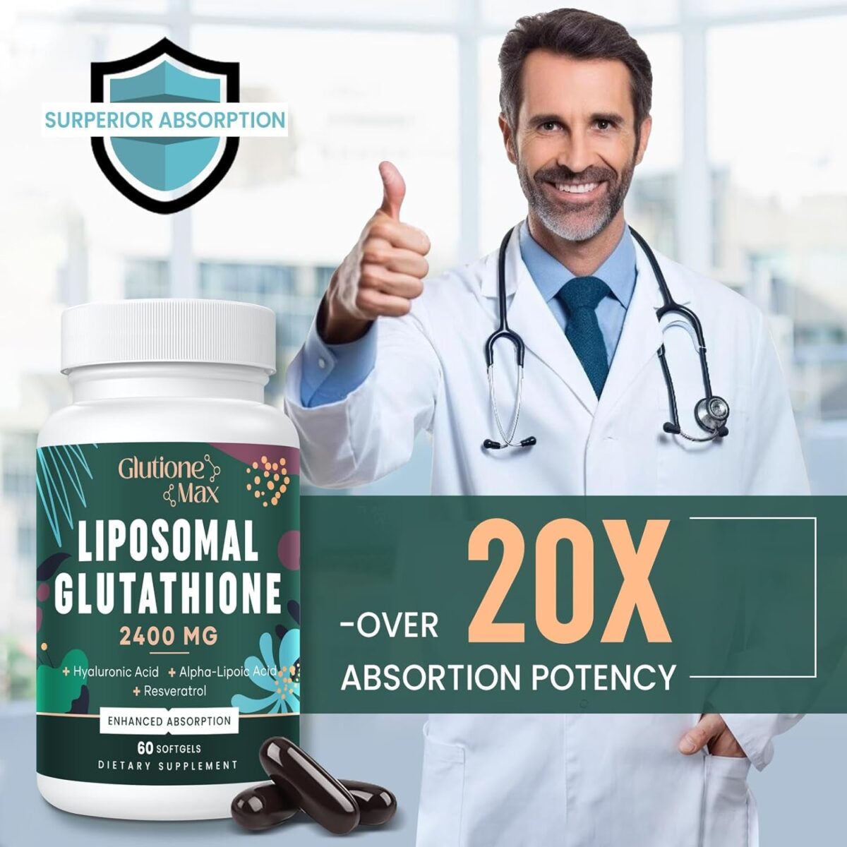 2400MG Liposomal Glutathione | Max Absorption | Glutathione Supplement with Hyaluronic Acid, Resveratrol, L - Glutathione Reduced, Non - GMO Antioxidant for Aging Defense, Energy, 60 Softgels