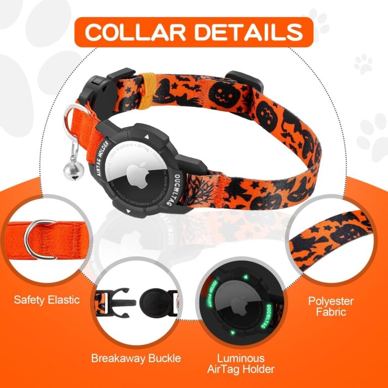 Halloween Airtag Cat Collar Breakaway, OUCWLTAG Integrated GPS Cat Collar with Luminous Apple Air Tag Holder, Cat Tracker Collars with Safety Elastic Band for Girl Boy Cats, Kittens and Puppies