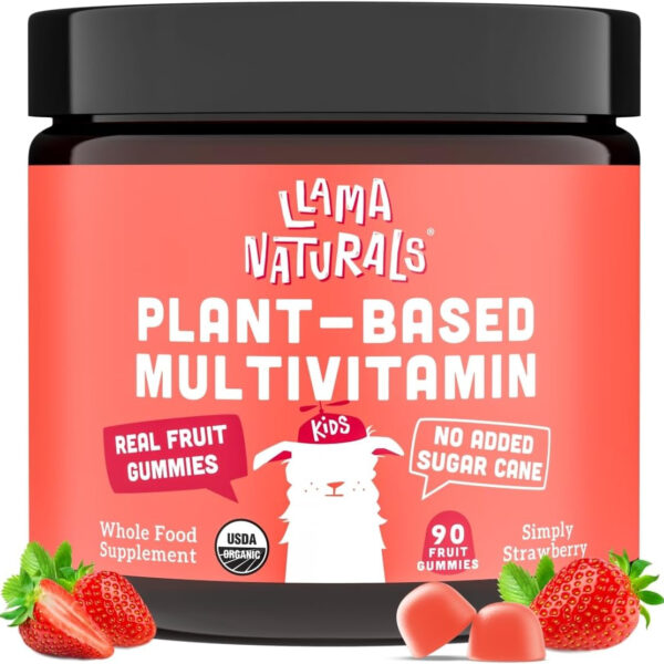 Llama Naturals Real Fruit Gummy Vitamins for Kids, No Added Sugar Cane, Beta Carotenes, Whole Food Multivitamin, Vegan Toddler Gummies, Plant Based, Organic, Chewable 90 Ct (30-45 Days) Strawberry