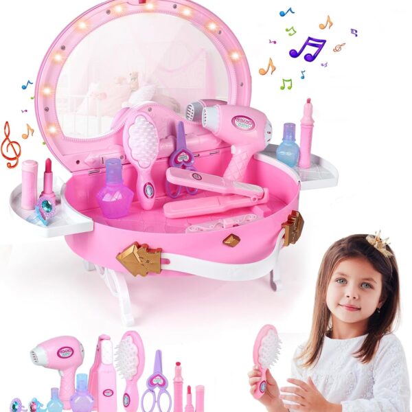 "Enchanting Little Princess Vanity Set - Magical Lights, Music, and Real Mirror! Perfect Gift for Girls 3-7 Years Old - Ideal for Birthdays, Christmas, and Festivals!"