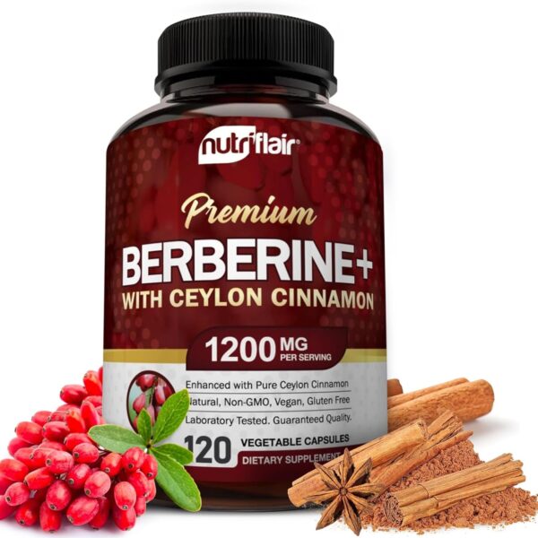 Premium Berberine HCL 1200Mg, 120 Capsules - plus Pure True Ceylon Cinnamon, Berberine HCI Root Supplements Pills - Immune System, Healthy Weight Management