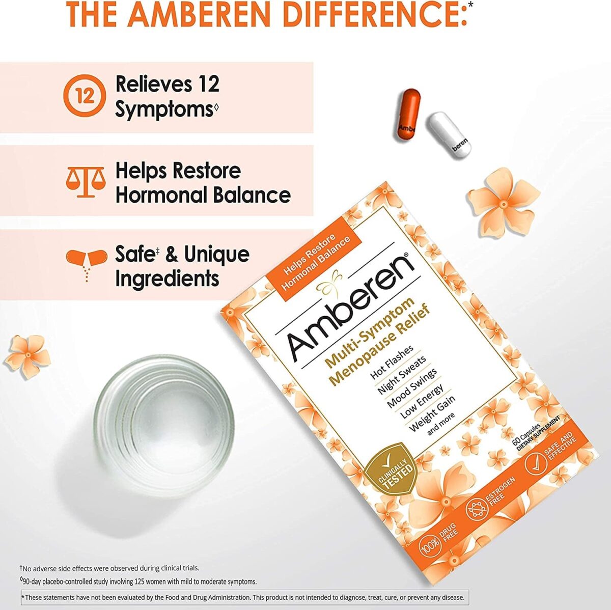 Amberen: Safe Multi-Symptom Menopause Relief. Clinically Shown to Relieve 12 Menopause Symptoms: Hot Flashes, Night Sweats, Mood Swings, Low Energy and More. 1 Month Supply