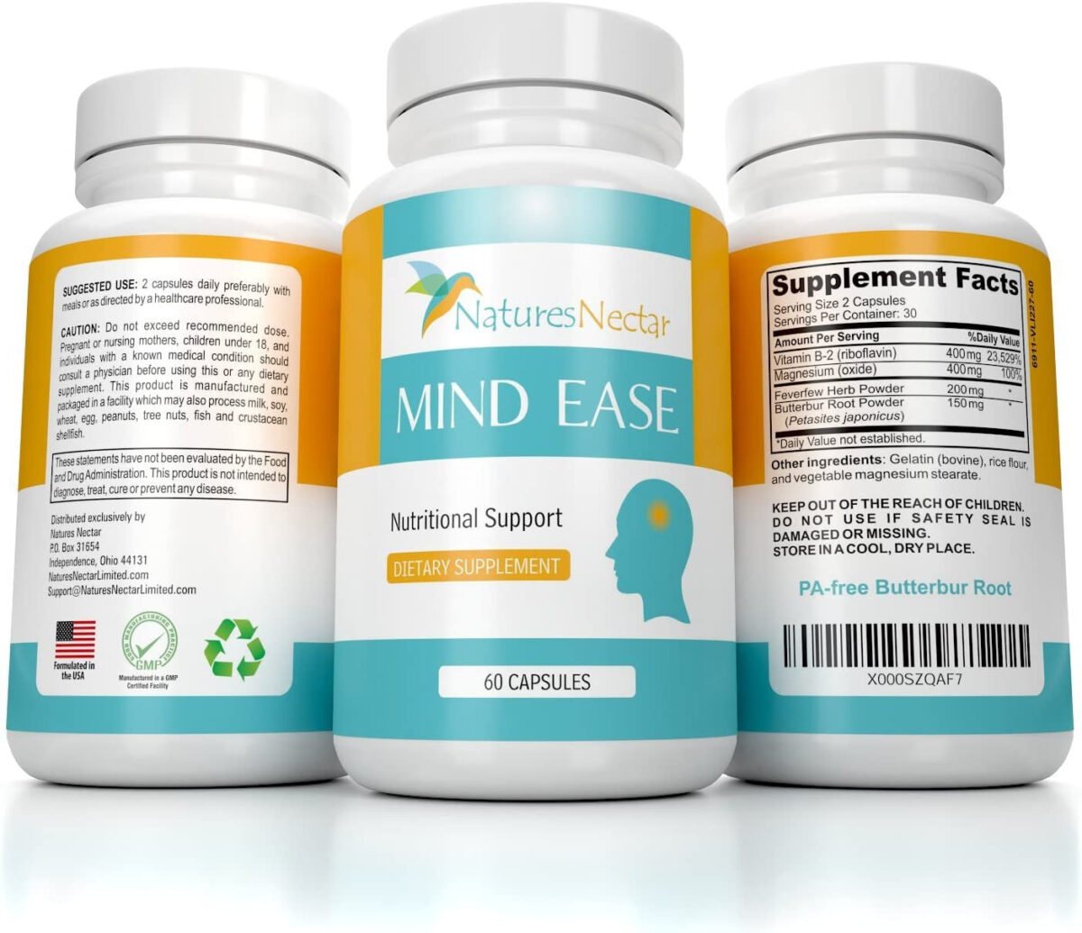 Migraine Relief Supplement - PA Free Butterbur Root, Riboflavin, Magnesium and Feverfew Capsules- Mind Ease'S Unique Blend of Original Migraine Supplement Provides Prevention from Migraines - 60 Count