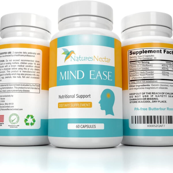 Migraine Relief Supplement - PA Free Butterbur Root, Riboflavin, Magnesium and Feverfew Capsules- Mind Ease'S Unique Blend of Original Migraine Supplement Provides Prevention from Migraines - 60 Count