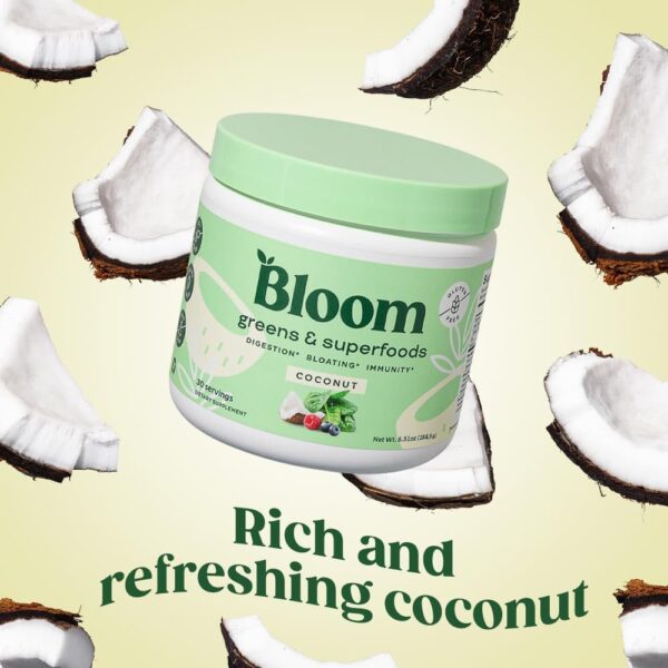 "Bloom Nutrition Super Greens Powder Smoothie and Juice Mix: The Ultimate Digestive Health and Bloating Relief Solution for Women, Enhanced with Probiotics! Includes Coconut + Milk Frother High Powered Hand Mixer for a Creamy and Delicious Blend!"