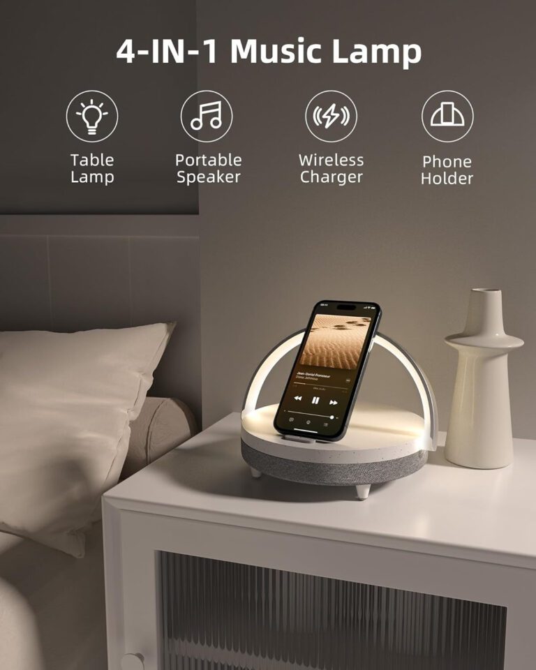 "EZVALO 4-in-1 Touch Lamp: LED Night Light, Bluetooth Speaker, Phone Holder, Wireless Charger - The Perfect Birthday Gift for Everyone!"