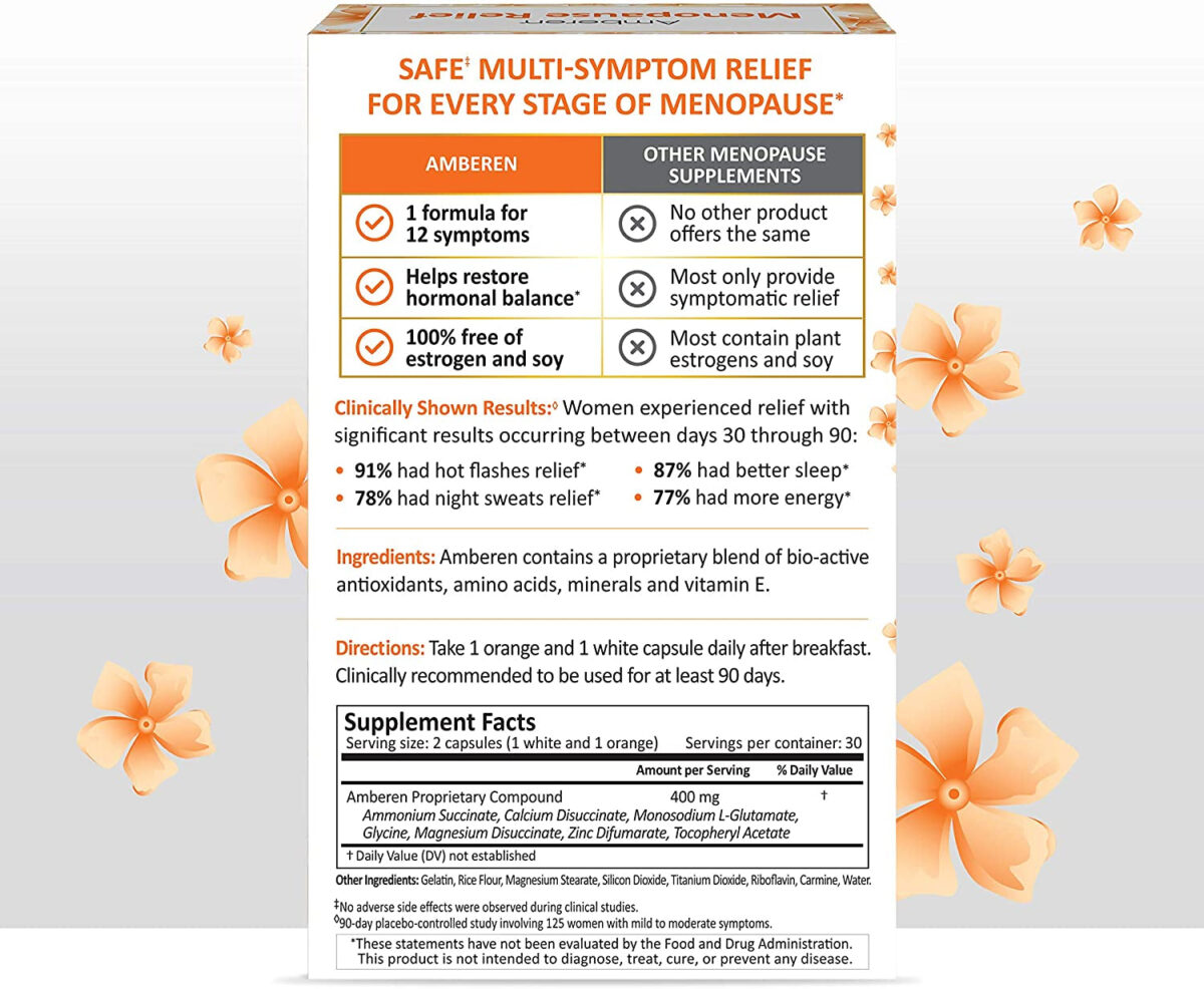 Amberen: Safe Multi-Symptom Menopause Relief. Clinically Shown to Relieve 12 Menopause Symptoms: Hot Flashes, Night Sweats, Mood Swings, Low Energy and More. 1 Month Supply