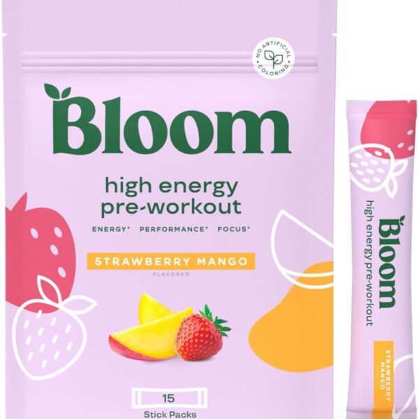 "Boost Your Workout with Bloom Nutrition's Strawberry Mango High Energy Preworkout Sticks!"