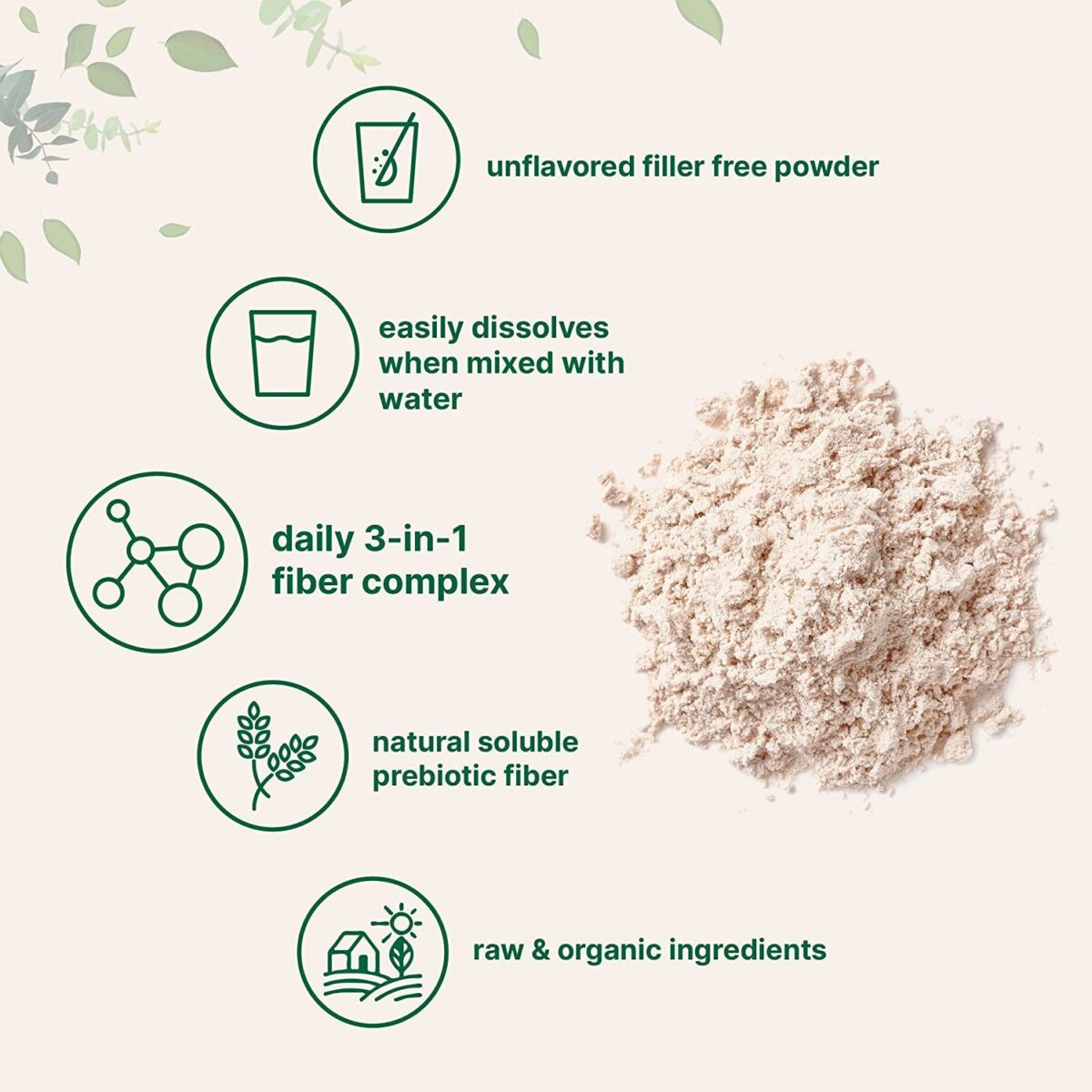 Organic Soluble Prebiotics Fiber Supplement (Inulin, Acacia, Psyllium Husk), 2 Pounds, 3 in 1 Fiber Formula, Daily Fiber, Unflavored, for Digestive Health, Hunger Control, Vegan